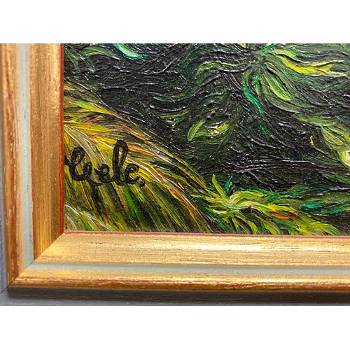 3072 - Unknown, rainforest scene, oil on board, signed lower left, approx 39.5cm x 18.5cm