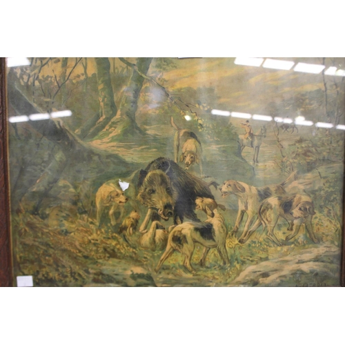 3087 - Decorative coloured print of a boar chase, approx 38cm x 50cm