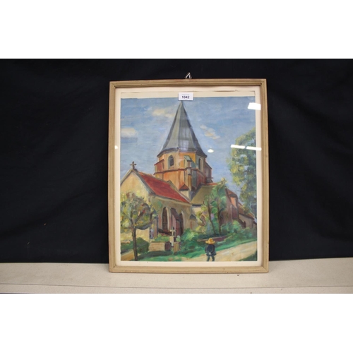 3089 - French Church scene, oil, approx 43cm x 35cm
