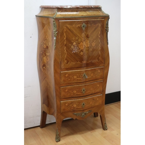 3092 - Fine vintage French marble topped Louis XV style fall front secretaire, floral marquetry inlaid deco... 