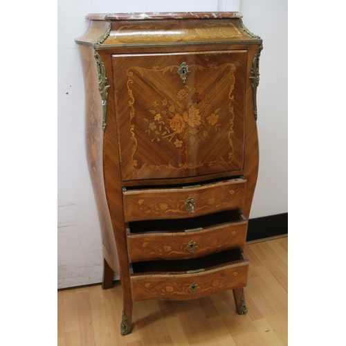 3092 - Fine vintage French marble topped Louis XV style fall front secretaire, floral marquetry inlaid deco... 