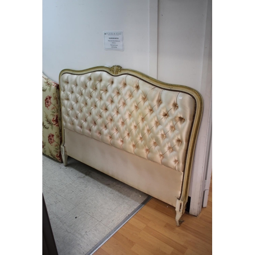 3118 - Vintage Silk deep buttoned Louis XV style painted frame Bed head, approx 118cm H x 152cm W