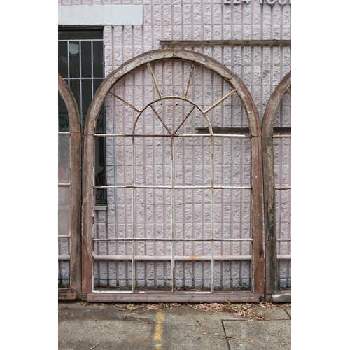 Antique French wooden frame arched window, in original condition, approx 246cm H x 174cm
