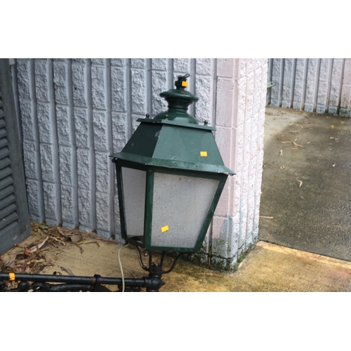22 - Antique French cast iron gas light bracket with later square tapering green painted lantern, approx ... 