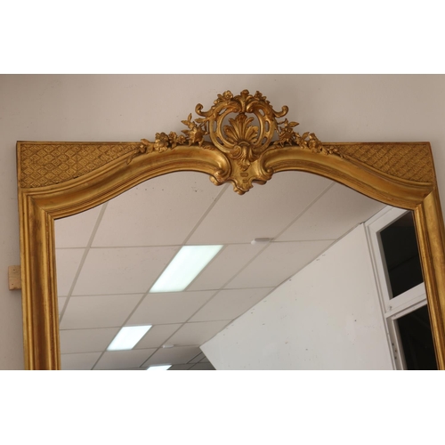 100 - Imposing large antique French gilt surround mirror, elaborate C scroll pierced crest, approx 252cm H... 