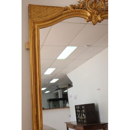 100 - Imposing large antique French gilt surround mirror, elaborate C scroll pierced crest, approx 252cm H... 