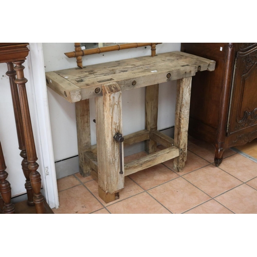 108 - Vintage French rustic work bench, with vice, approx 80cm H x 107cm W x 40cm D excluding vice