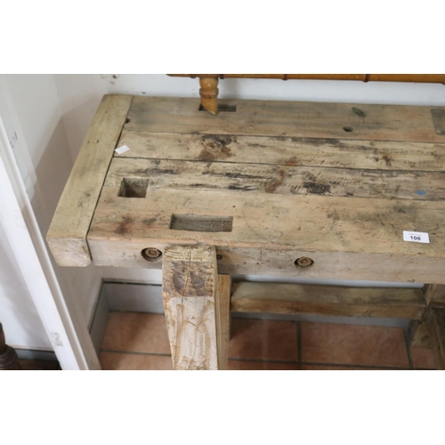 108 - Vintage French rustic work bench, with vice, approx 80cm H x 107cm W x 40cm D excluding vice