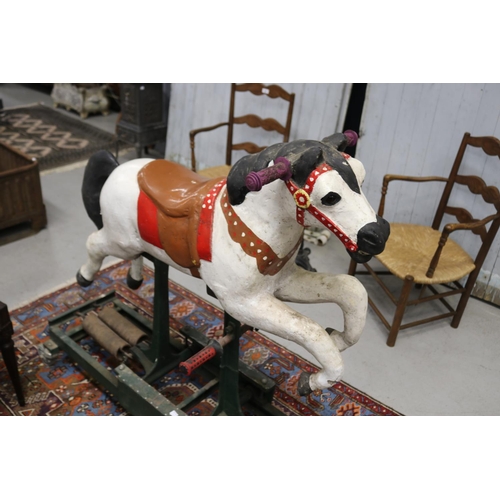 258 - Vintage French wooden rocking horse, with spring platform base on wheels,  approx 120cm H x 135cm L