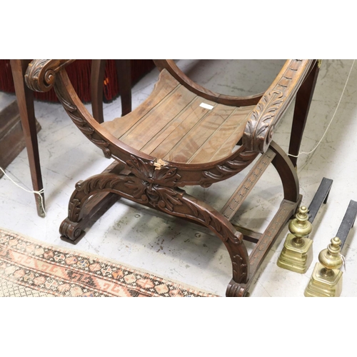 271 - Antique French carved walnut Savonarola armchair
