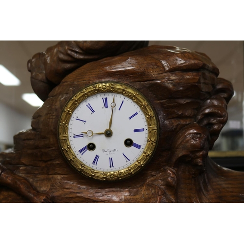 290 - Antique French carved solid wood figural mantle clock with a seaside motif, movement marked Bellevil... 
