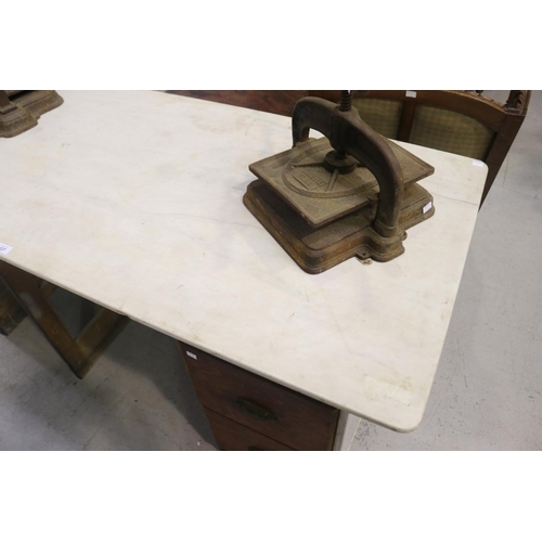 337 - Rustic store counter with marble top, approx 91cm H x 165cm W x 68cm D