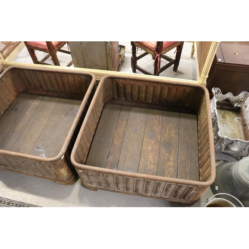 353 - Set of three large French industrial metal square boxes, each with wooden bases, each approx 43cm H ... 