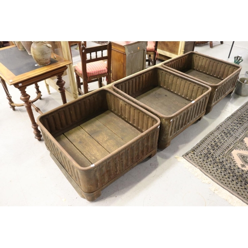353 - Set of three large French industrial metal square boxes, each with wooden bases, each approx 43cm H ... 