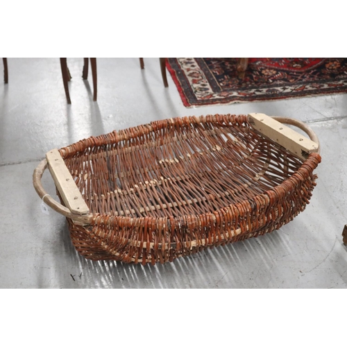 403 - Large French oval hand woven wood and cane basket, approx 28cm H x 99cm W x 83cm D