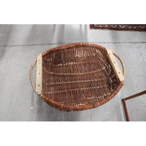403 - Large French oval hand woven wood and cane basket, approx 28cm H x 99cm W x 83cm D