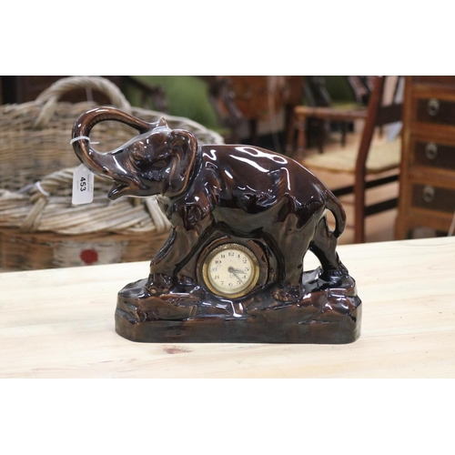 453 - German ceramic figural clock in the form of an elephant, untested, approx 26cm H x 33cm L