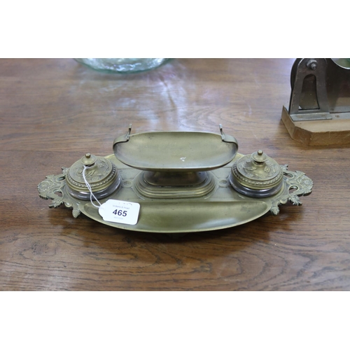465 - Antique French bronze double pot inkstand with central urn form pen holder, marked HP to base, appro... 