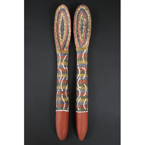 471 - Kitty Pultara Nabaljari, (Australian Aboriginal deceased) Pair of painted spoons, bean tree, dated 8... 