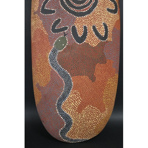 472 - Leslie Tilmouth Purula, (Australian Aboriginal deceased) Coolamon, carved bean tree, dated 87, Anmat... 
