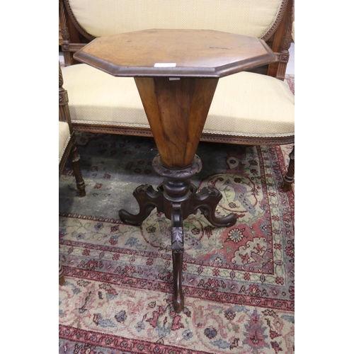 507 - Antique French walnut hexagonal topped work table, standing on tri support legs, approx 72cm H x 48c... 