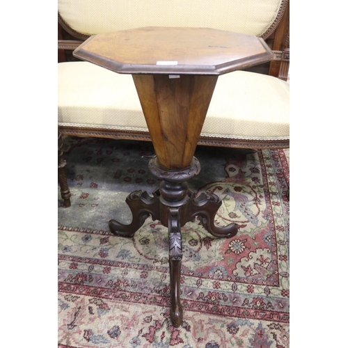 507 - Antique French walnut hexagonal topped work table, standing on tri support legs, approx 72cm H x 48c... 