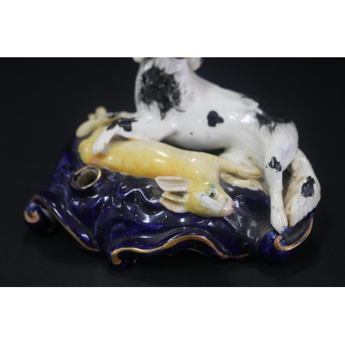 5092 - Antique Staffordshire figural spill vase, showing dog & hare, has damages, approx 7cm H x 12cm W