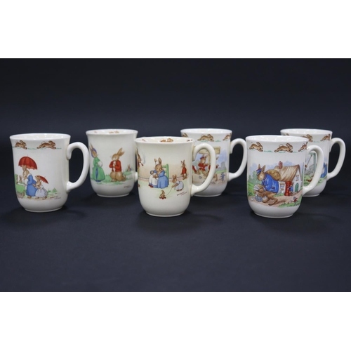 5098 - Royal Doulton, Bunnykins six mugs mostly Barbara Vernon, one damaged, approx 9.5cm H each (6)