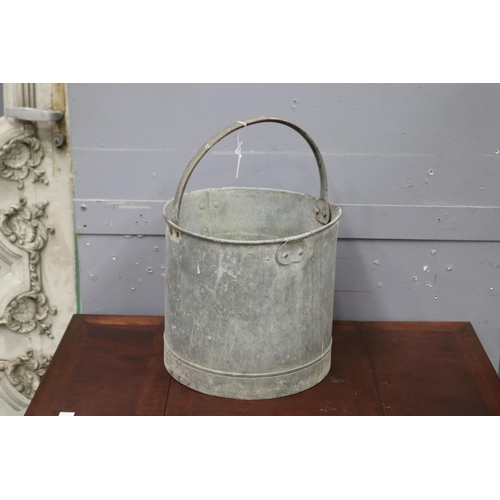 379 - Rustic gal metal swing handled pot, approx 28cm H excluding handle x 30cm Dia