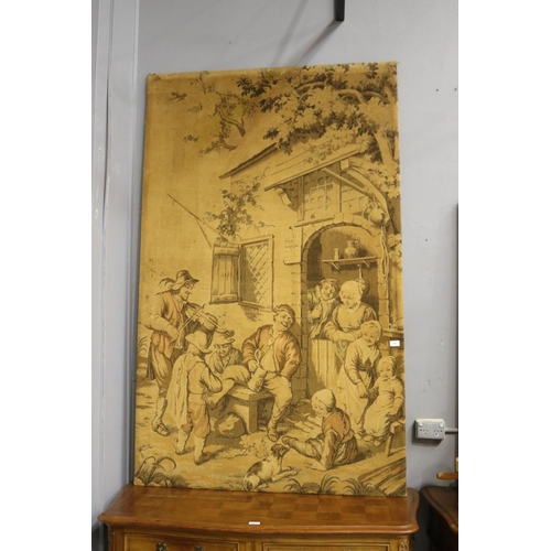 415 - Antique French machine worked tapestry tavern scene, approx 188cm x 116cm