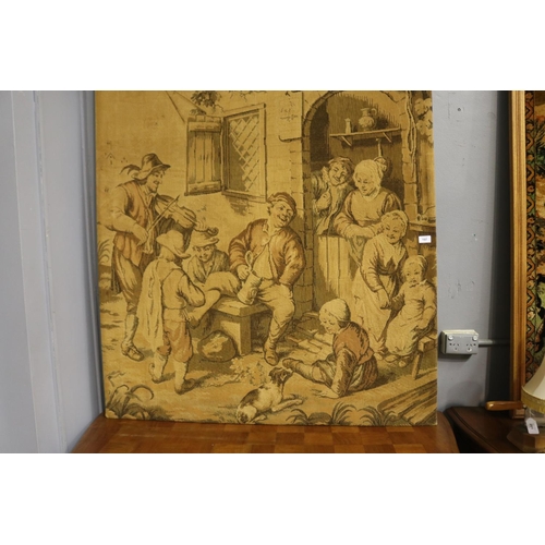 415 - Antique French machine worked tapestry tavern scene, approx 188cm x 116cm