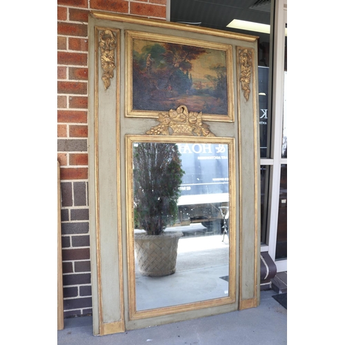 370 - Fine French trumeau mirror, pale green painted with gilt trim and central gilt basket of fruit above... 