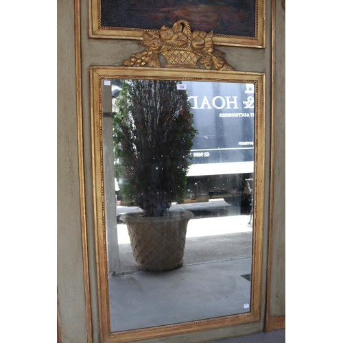 370 - Fine French trumeau mirror, pale green painted with gilt trim and central gilt basket of fruit above... 