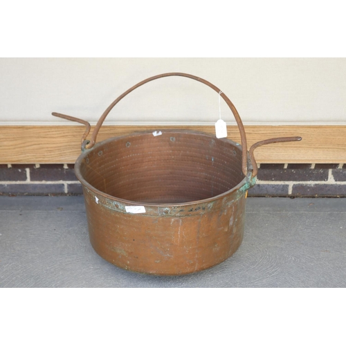 377 - Antique French copper preserving pan with swing handle with carry handles, approx 28cm H excluding h... 