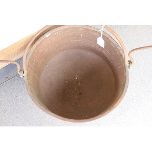 377 - Antique French copper preserving pan with swing handle with carry handles, approx 28cm H excluding h... 