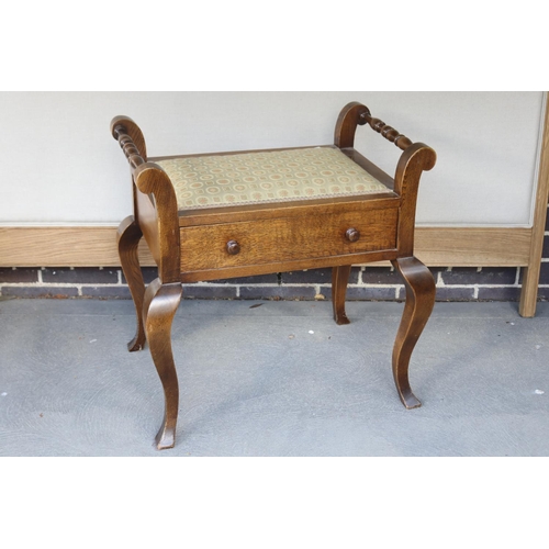 383 - Vintage piano stool, with upholstered seat & single drawer, approx 64cm H x 65cm W x 41cm D