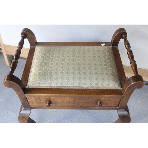 383 - Vintage piano stool, with upholstered seat & single drawer, approx 64cm H x 65cm W x 41cm D