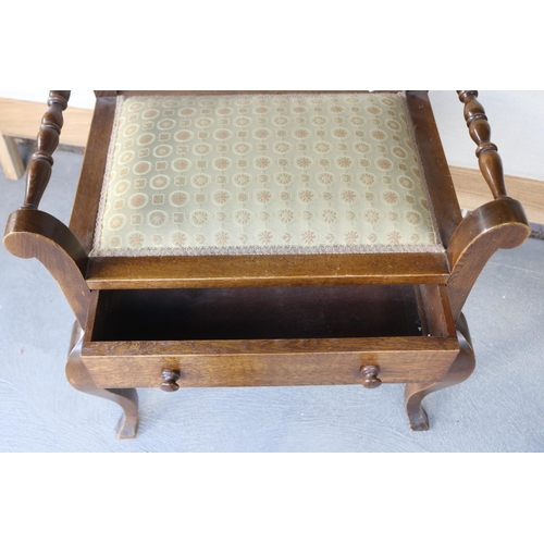 383 - Vintage piano stool, with upholstered seat & single drawer, approx 64cm H x 65cm W x 41cm D