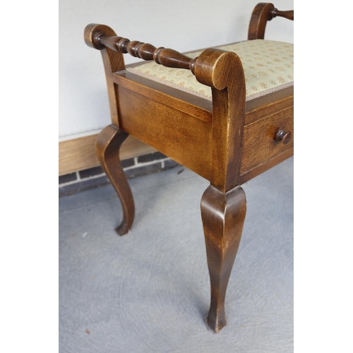 383 - Vintage piano stool, with upholstered seat & single drawer, approx 64cm H x 65cm W x 41cm D