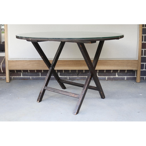 385 - Antique English demi lune folding coaching table, with painted finish, and glass top, approx 60cm H ... 