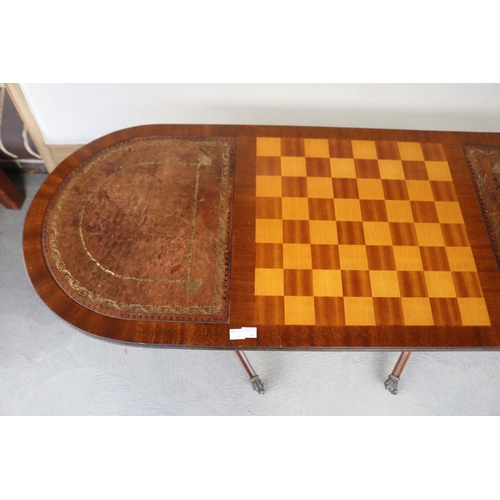 386 - Quality D end leather inset topped coffee table, with playing surface approx 50cm H x 120cm W x 45cm... 