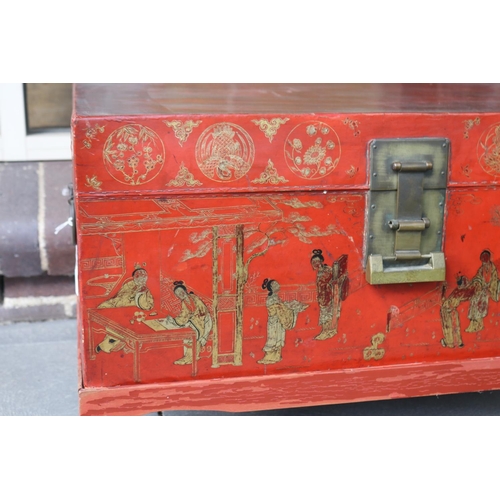 389 - Chinese red lacquer trunk with fitted base, approx 47cm H x 73cm W x 48cm D