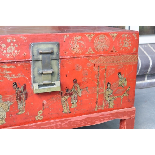 389 - Chinese red lacquer trunk with fitted base, approx 47cm H x 73cm W x 48cm D