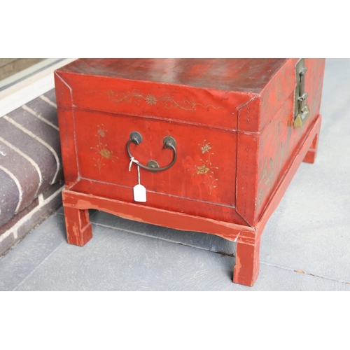 389 - Chinese red lacquer trunk with fitted base, approx 47cm H x 73cm W x 48cm D