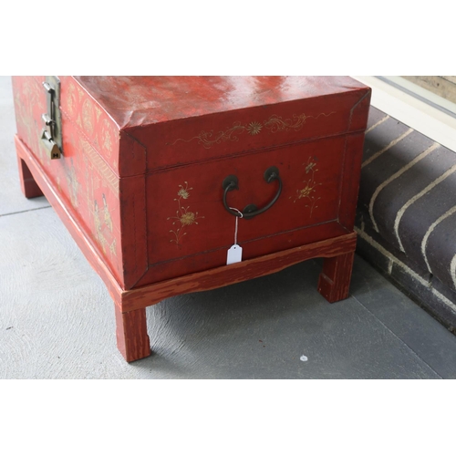 389 - Chinese red lacquer trunk with fitted base, approx 47cm H x 73cm W x 48cm D