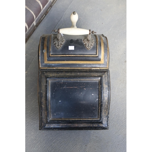 392 - Antique Victorian period japanned tin coal hod, with china mounted handles including scoop, approx 4... 