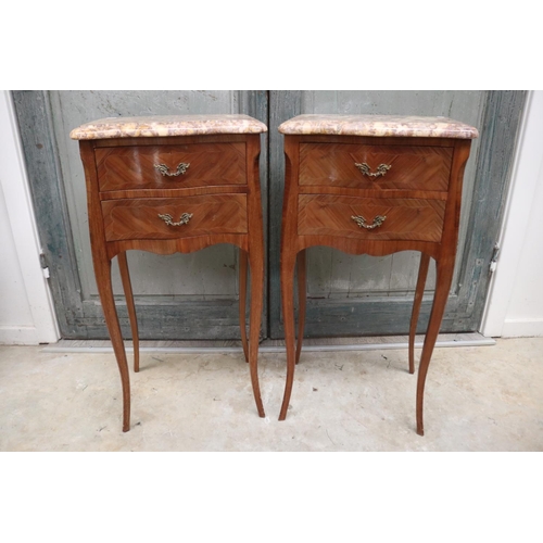 394 - Pair of French Louis XV style marble topped nightstands, each approx 75cm H (2)