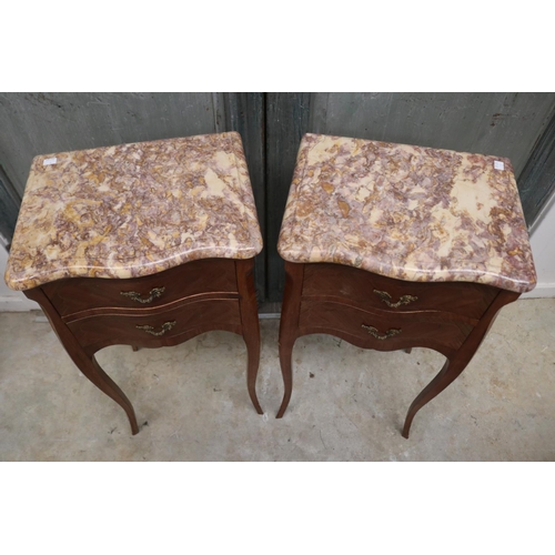 394 - Pair of French Louis XV style marble topped nightstands, each approx 75cm H (2)