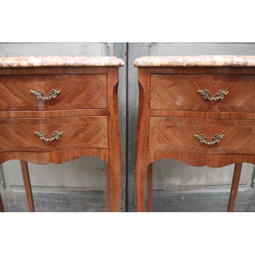 394 - Pair of French Louis XV style marble topped nightstands, each approx 75cm H (2)