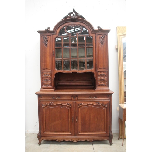 398 - Antique French carved walnut two height buffet, large central beveled glass paneled door to the top,... 